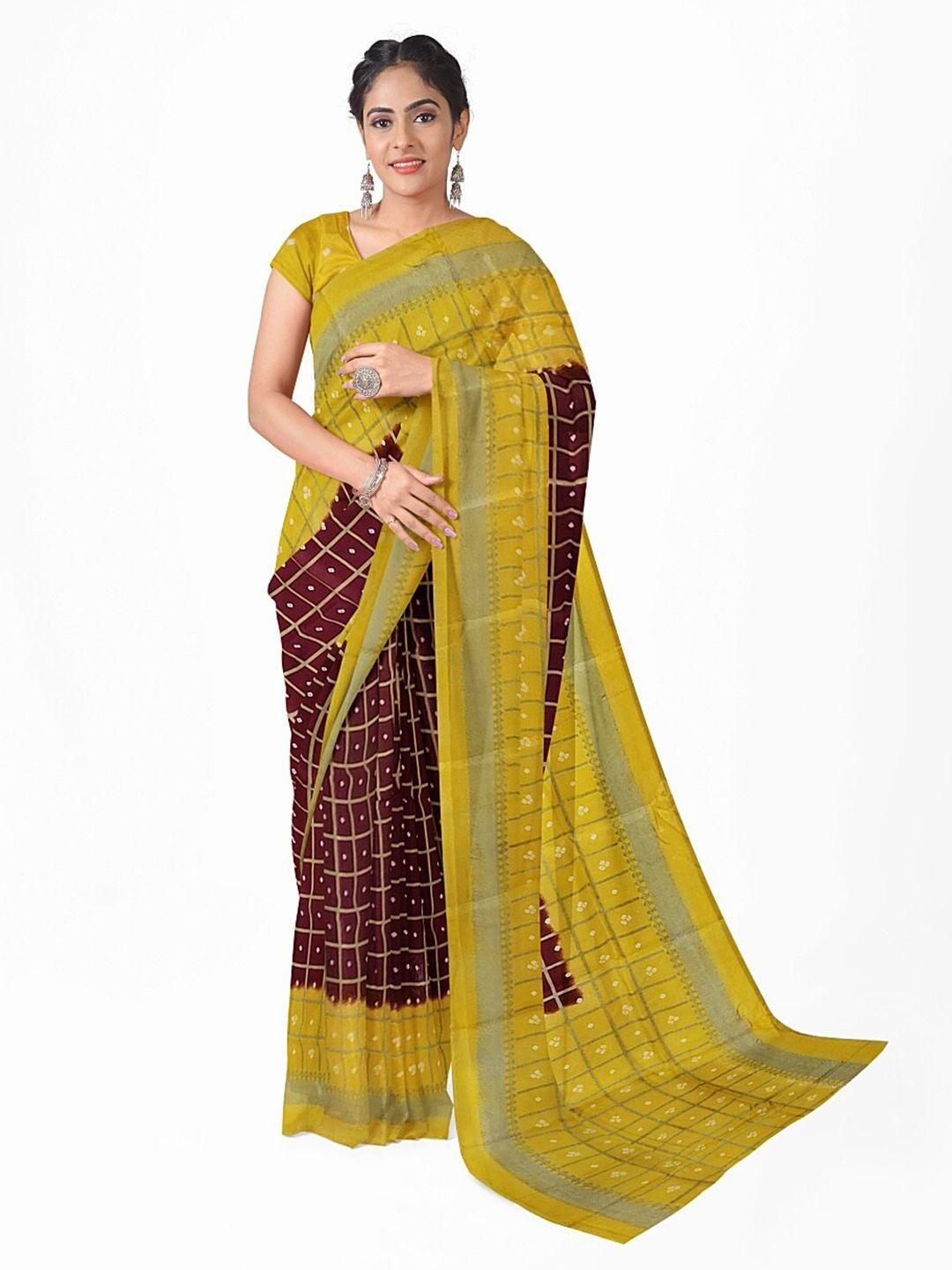 saadhvi maroon & yellow bandhani silk blend fusion bandhani saree