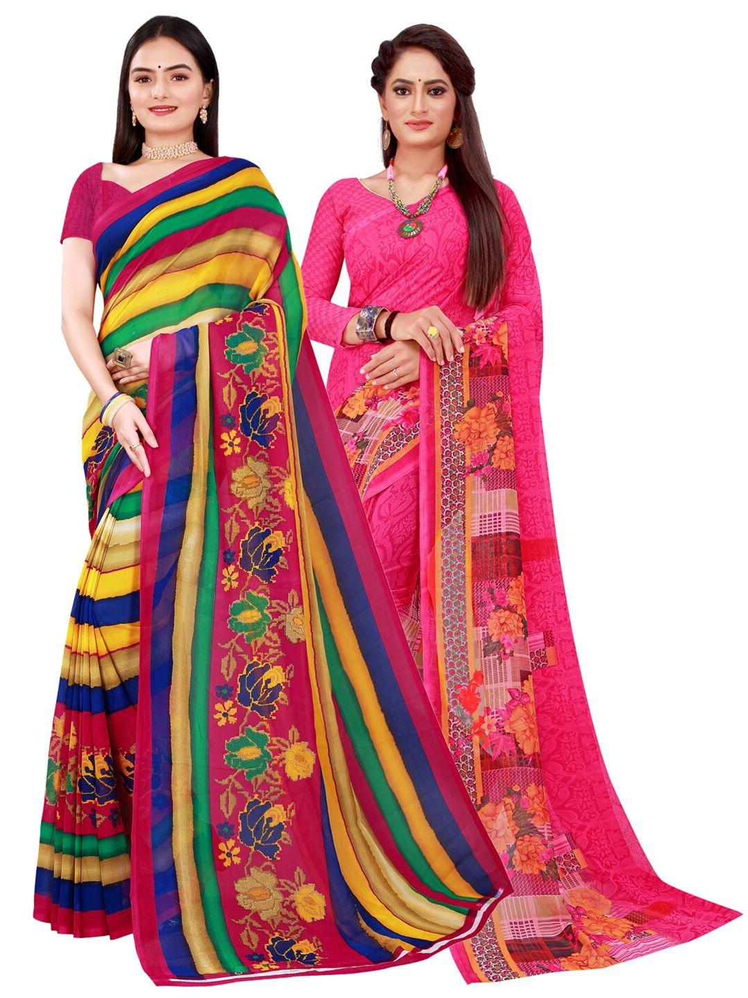 saadhvi multicolor & magenta geometric printed pack of 2 pure georgette saree