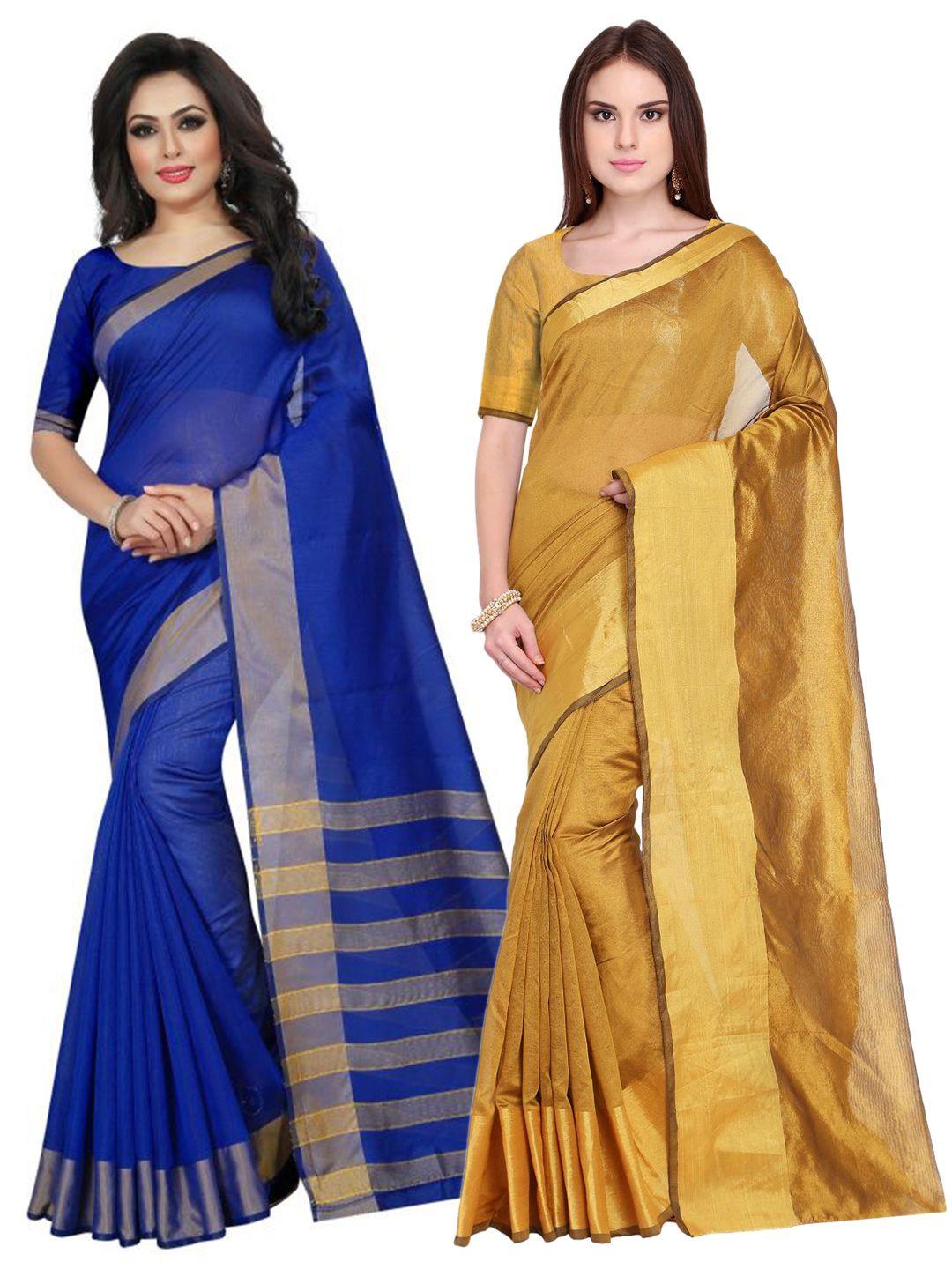 saadhvi mustard & blue set of 2 striped zari silk cotton saree