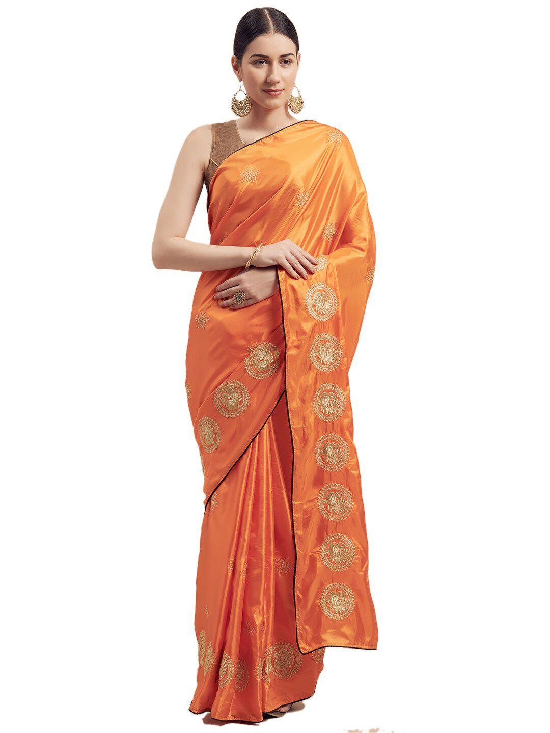 saadhvi orange & gold-toned embroidered silk blend saree