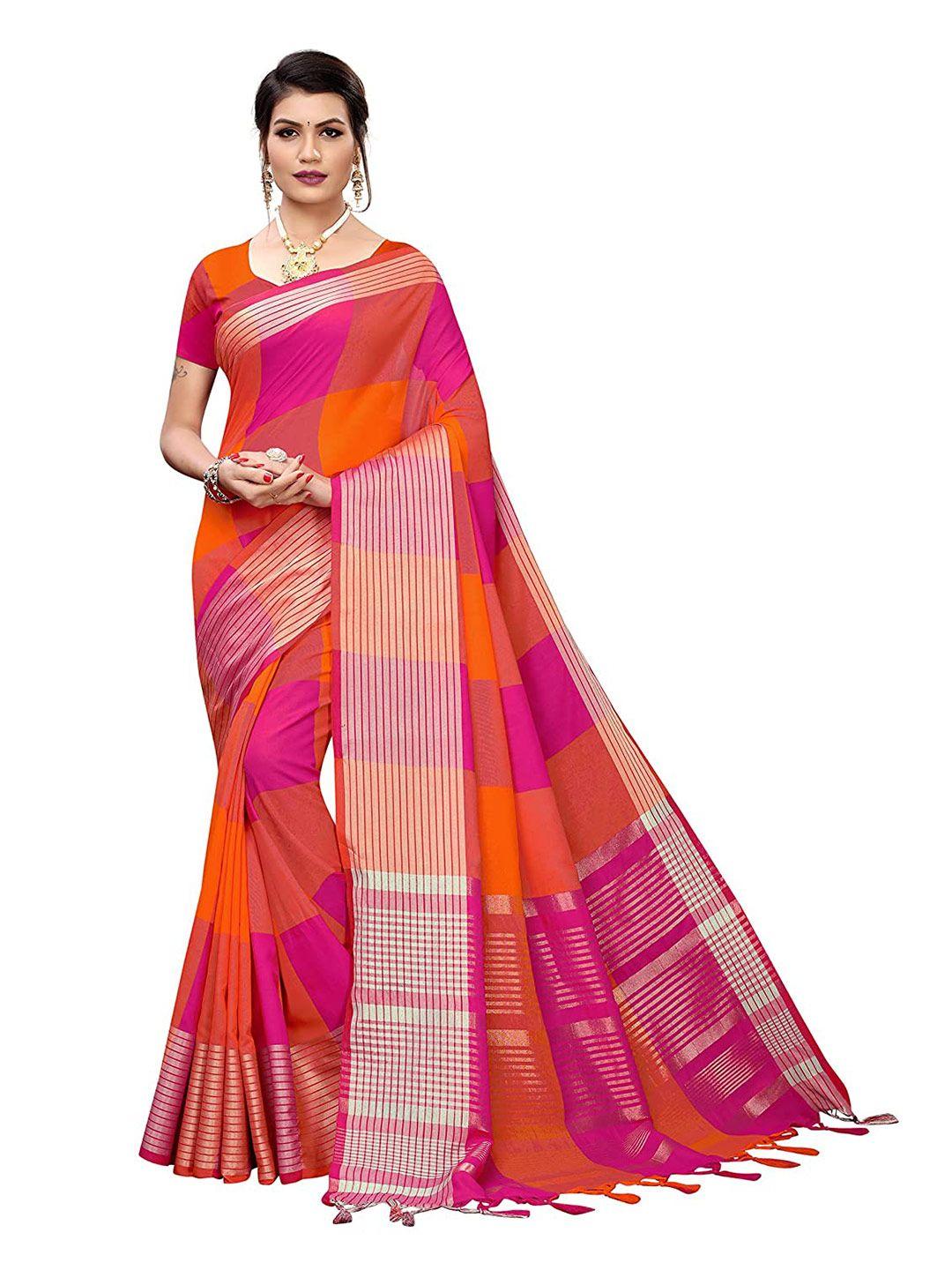 saadhvi orange & pink checked silk blend saree