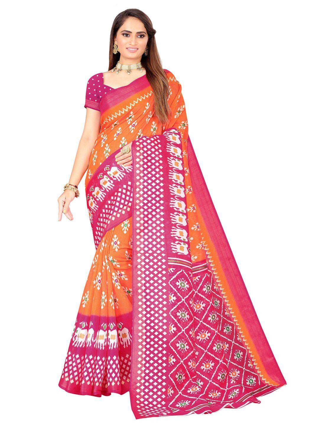 saadhvi orange & white ethnic motifs art silk ikat saree