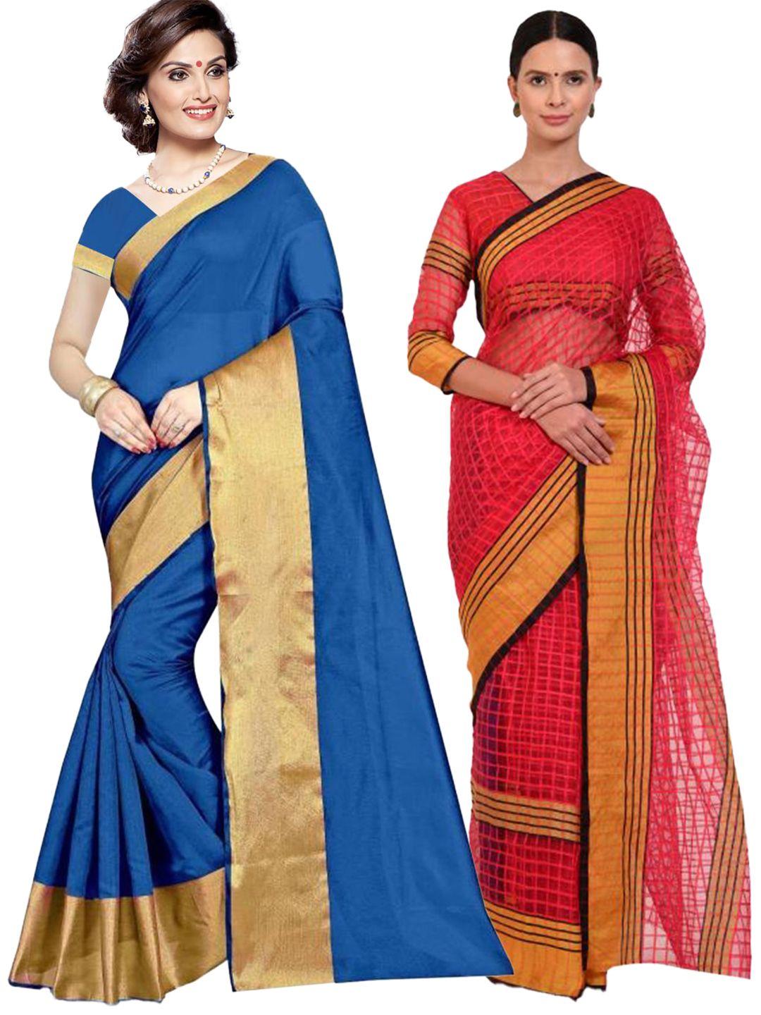 saadhvi pack of 2 blue & pink checked silk cotton saree