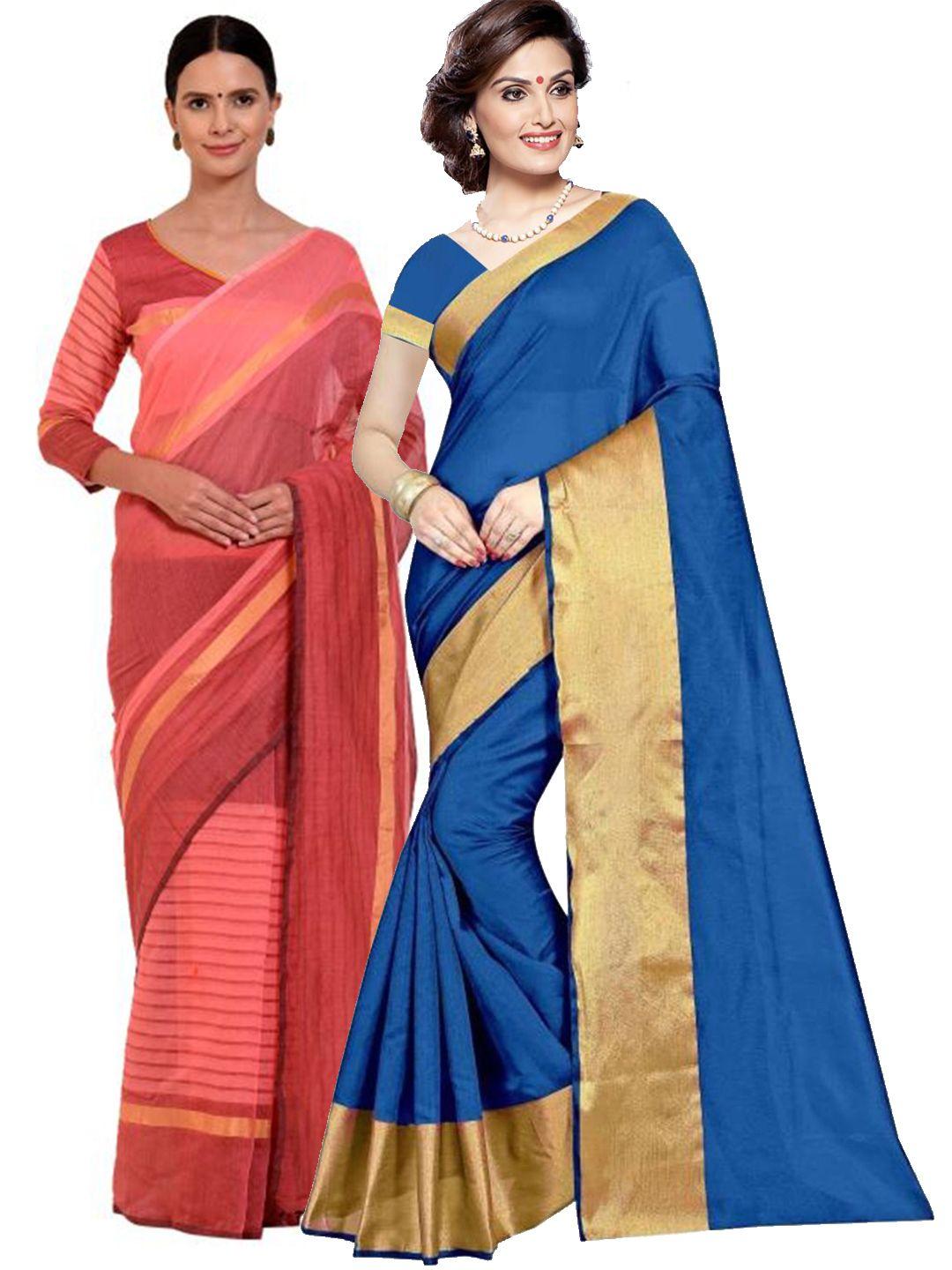 saadhvi pack of 2 blue & pink striped silk cotton saree