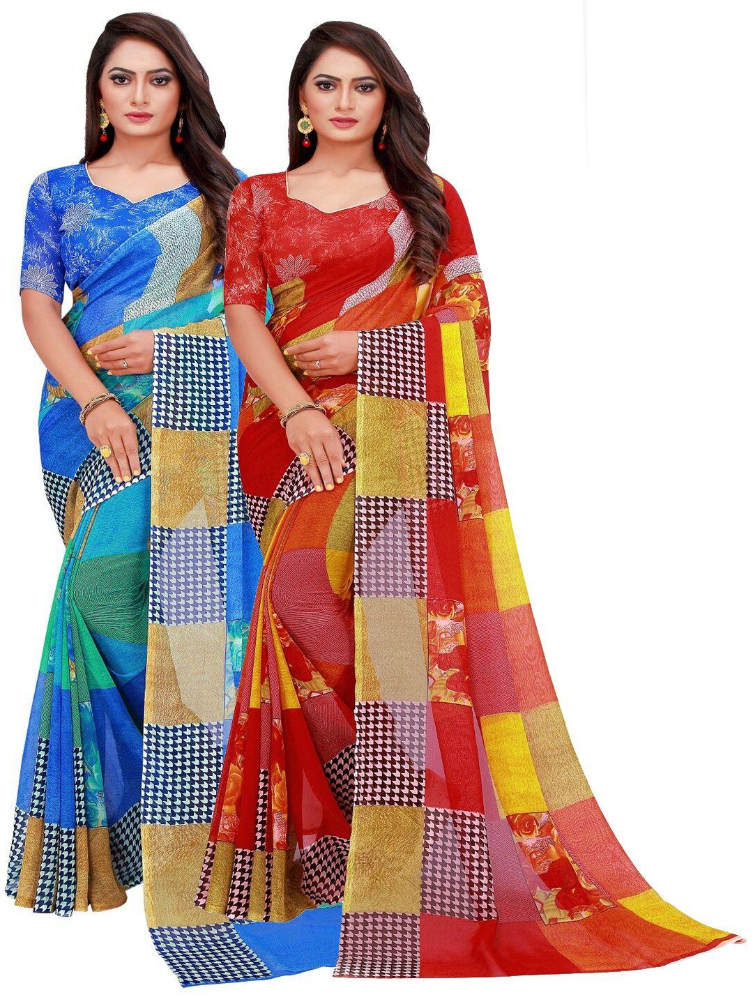 saadhvi pack of 2 blue & red pure georgette saree