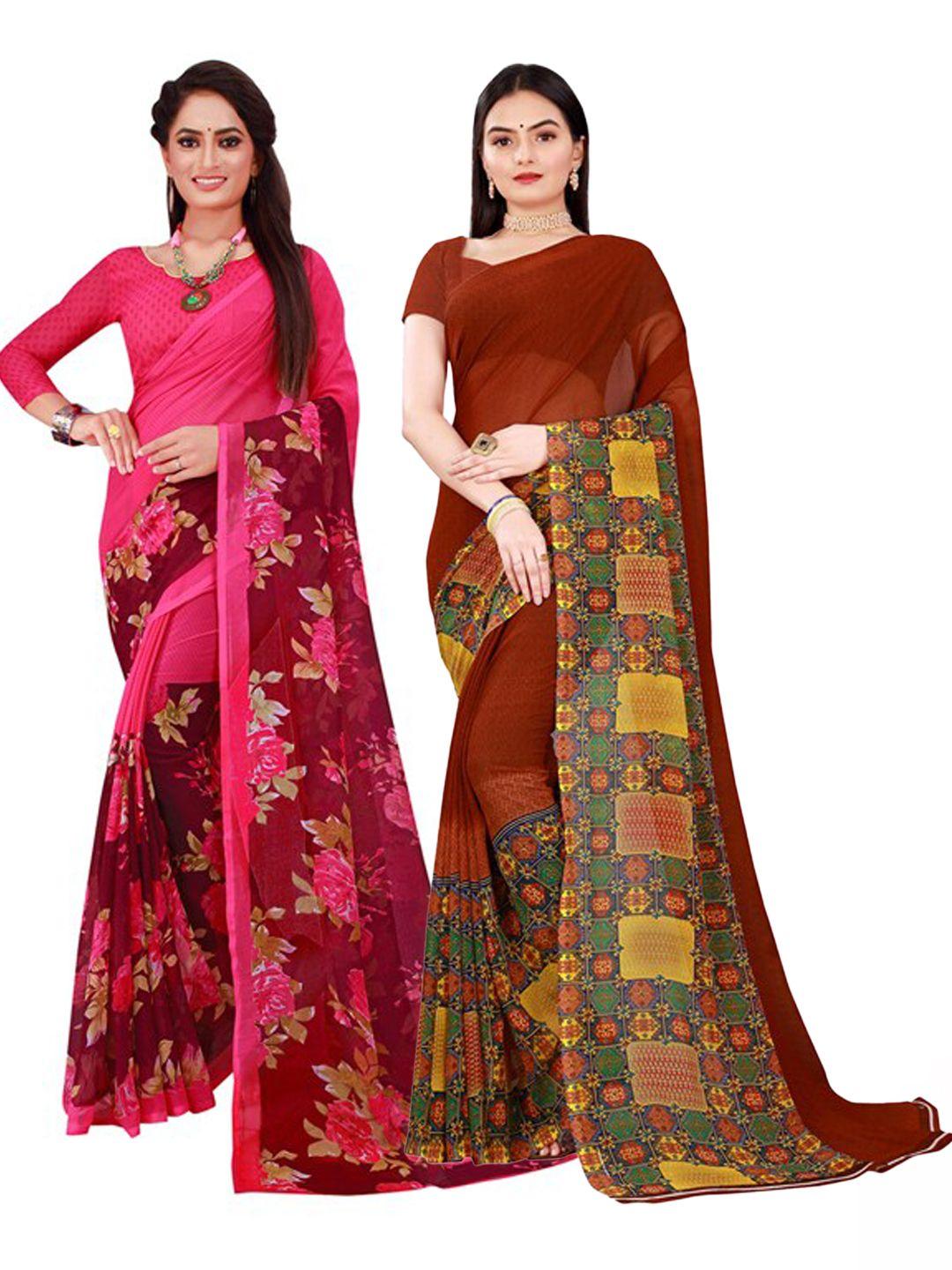 saadhvi pack of 2 brown & pink ethnic motifs pure georgette saree