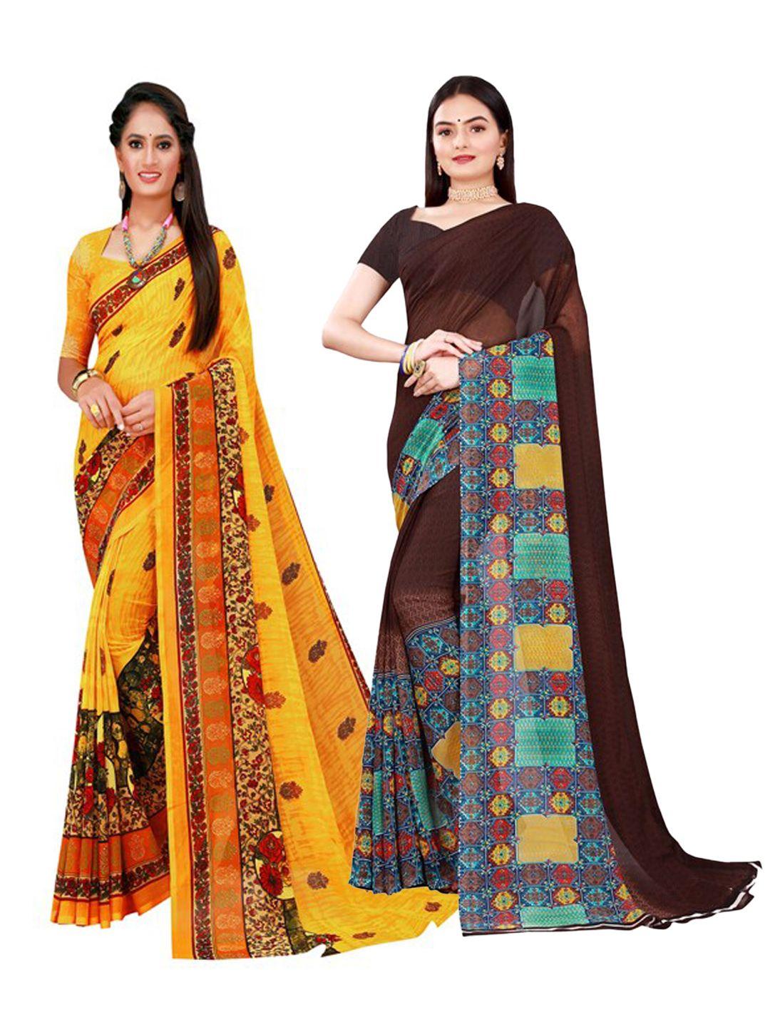 saadhvi pack of 2 brown & yellow printed pure georgette saree with unstitched blouse