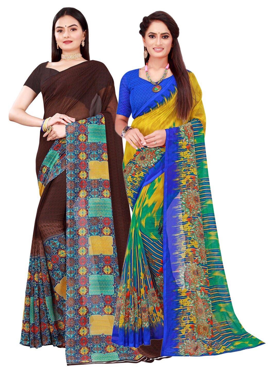 saadhvi pack of 2 brown & yellow pure georgette saree