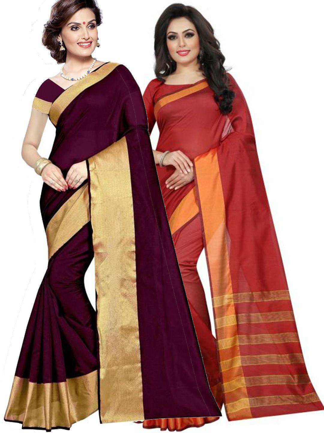 saadhvi pack of 2 burgundy & red zari silk cotton sarees
