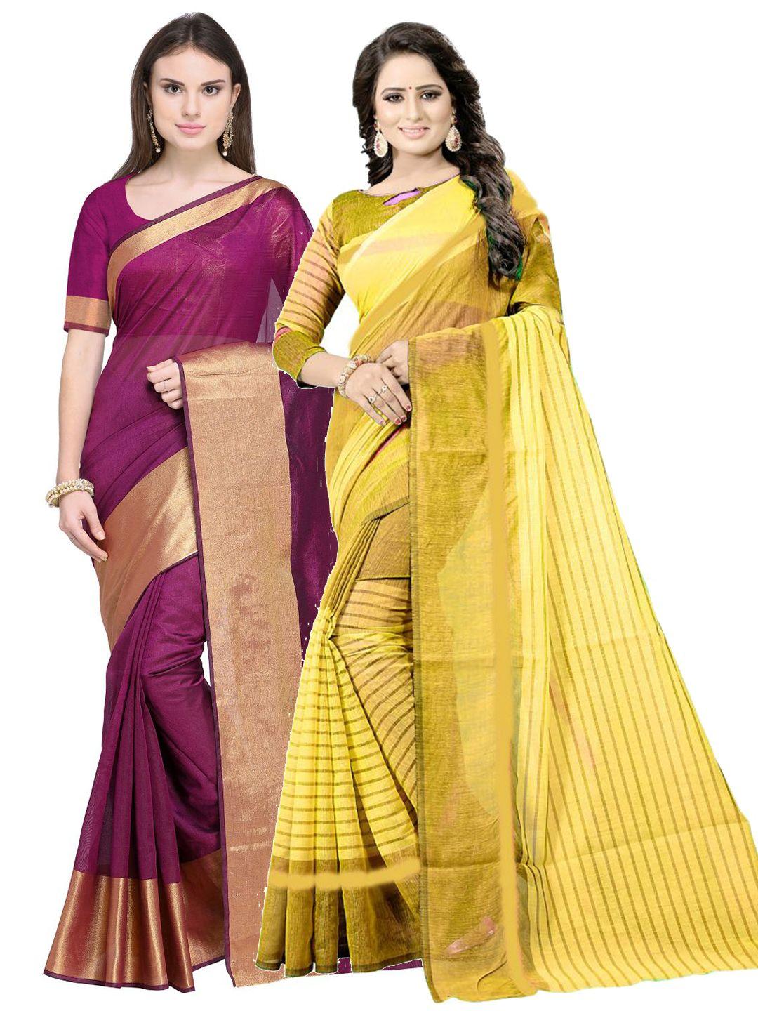 saadhvi pack of 2 maroon & yellow striped zari silk cotton sarees