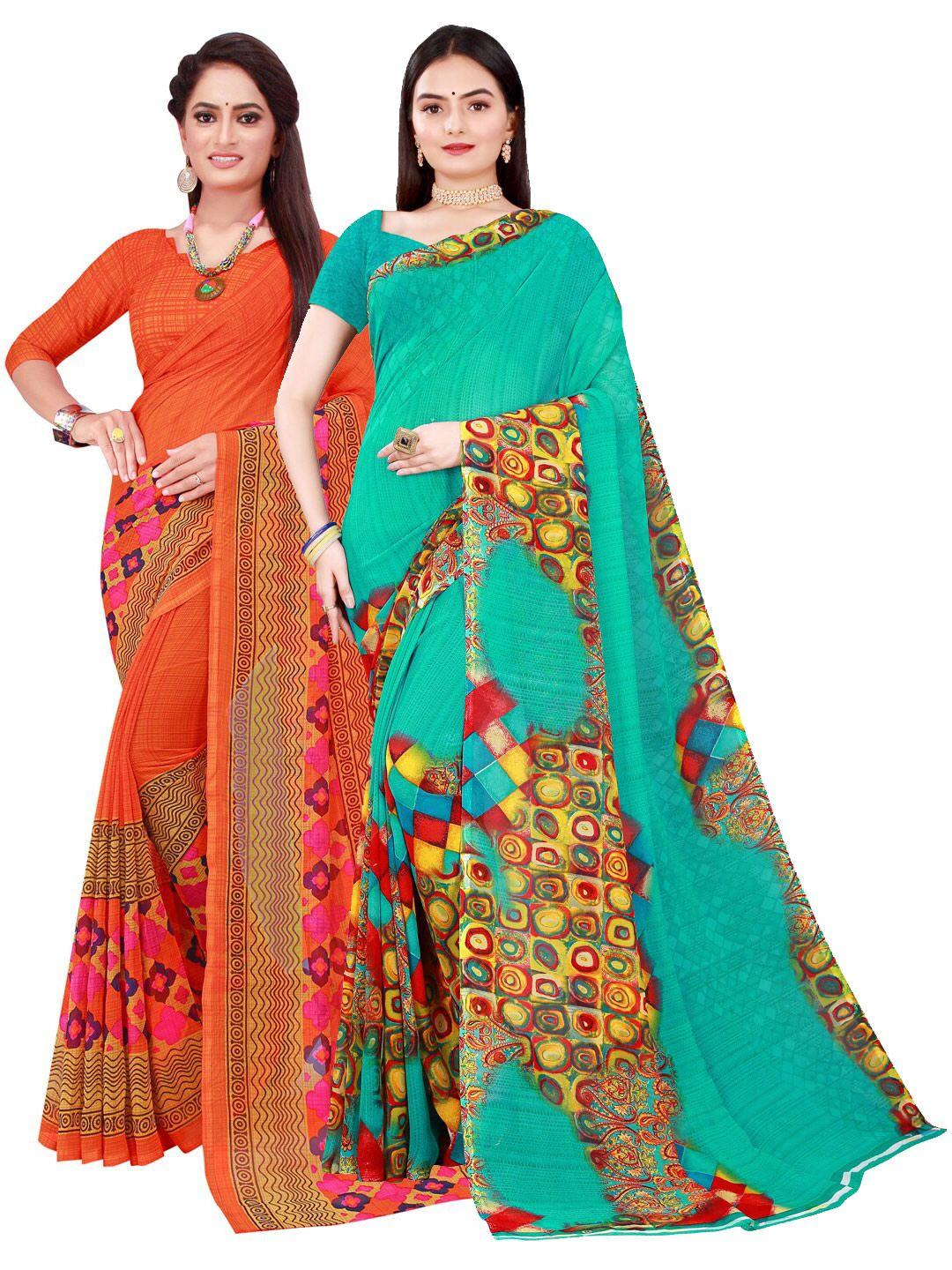 saadhvi pack of 2 orange & green pure georgette sarees