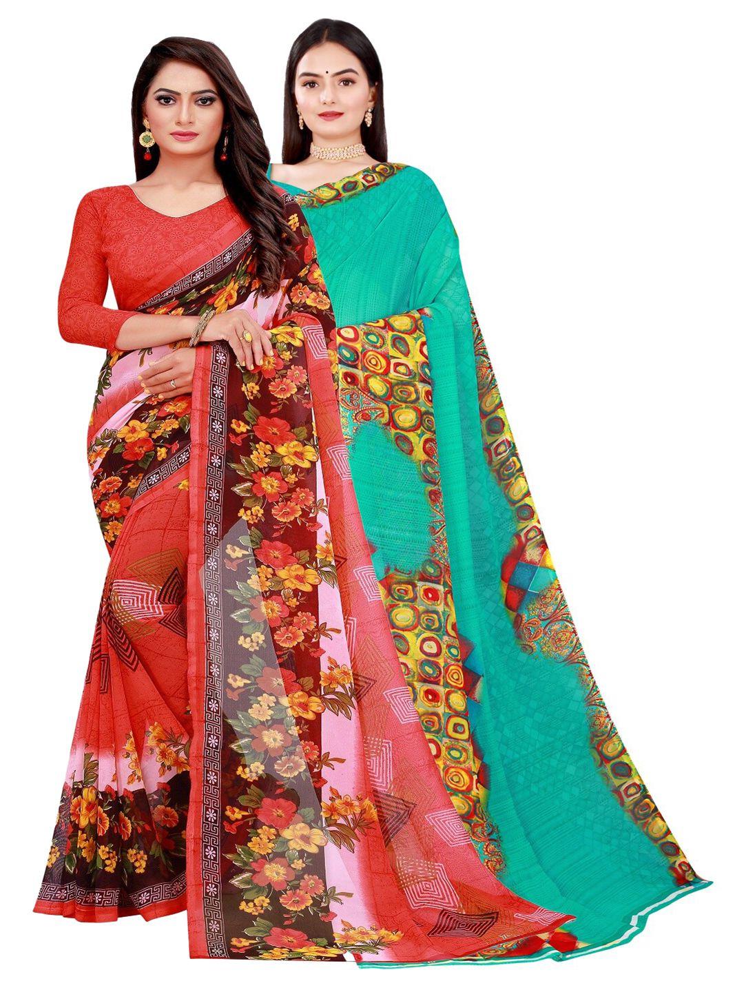 saadhvi pack of 2 peach-coloured & teal pure georgette saree