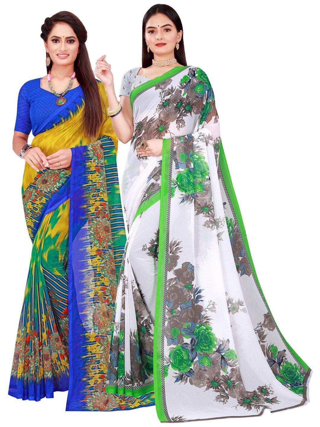 saadhvi pack of 2 white & blue ethnic motifs pure georgette saree