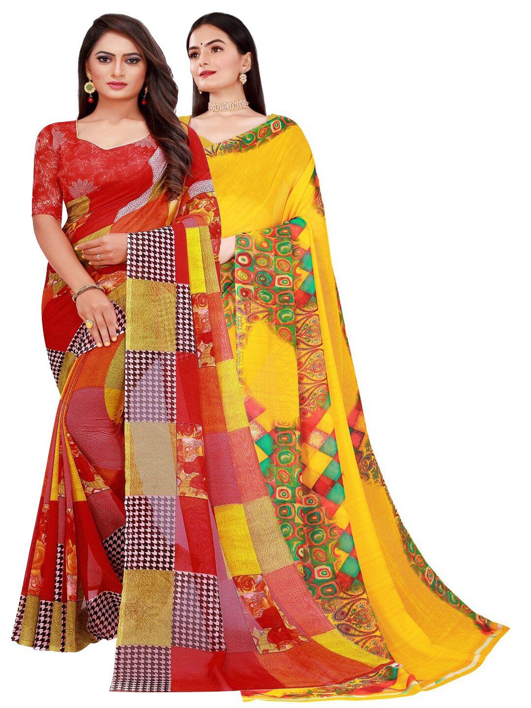 saadhvi pack of 2 women yellow & red floral pure georgette saree