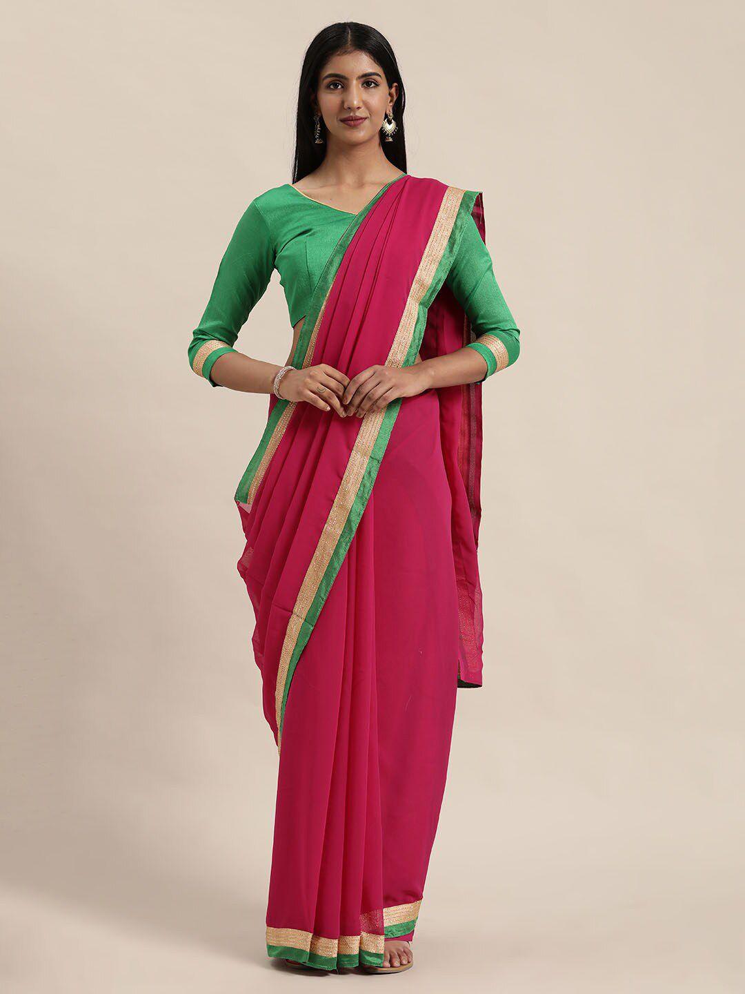 saadhvi pink & green solid chiffon zari saree