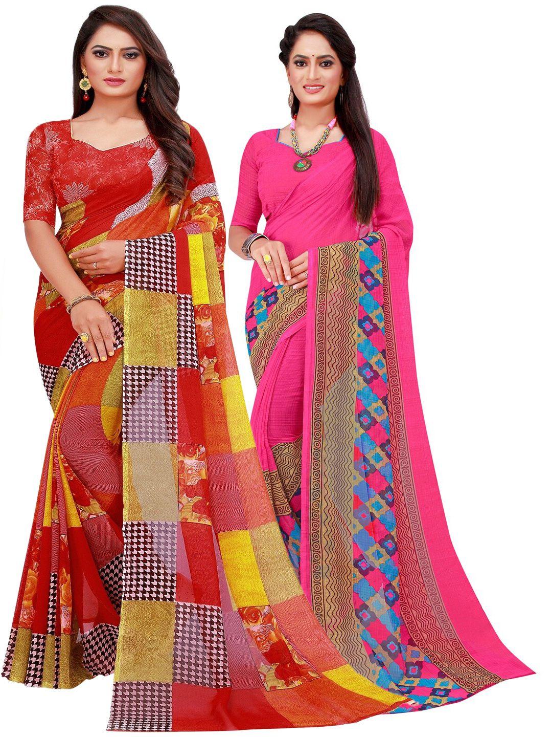 saadhvi pink & red set of 2 floral printed pure georgette saree