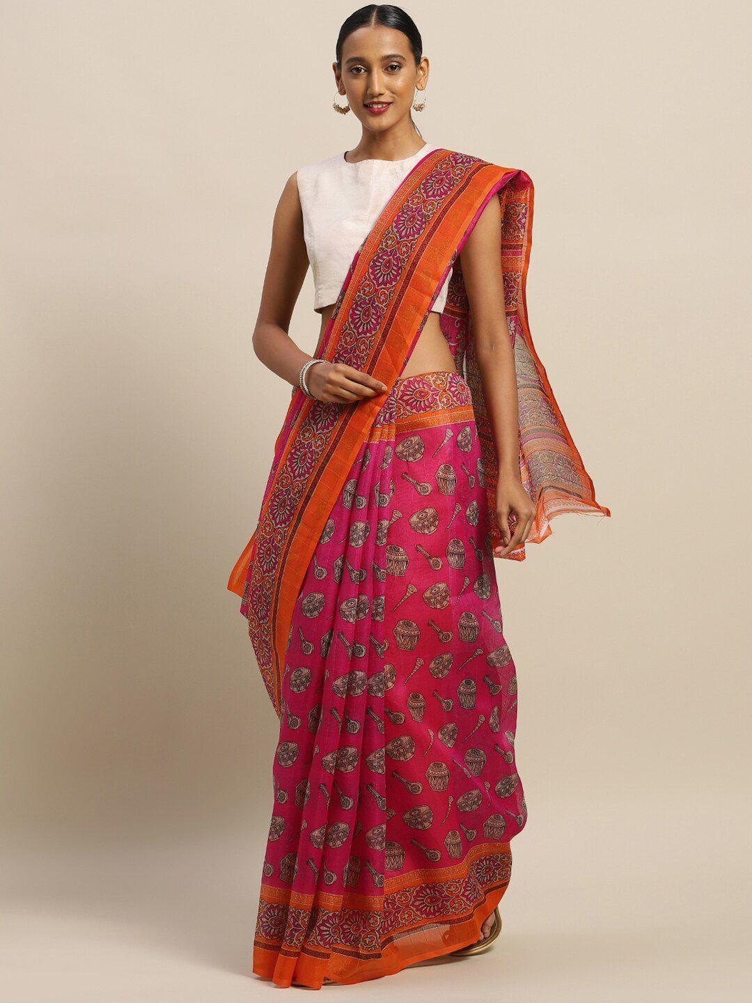 saadhvi pink kalamkari art silk bhagalpuri saree