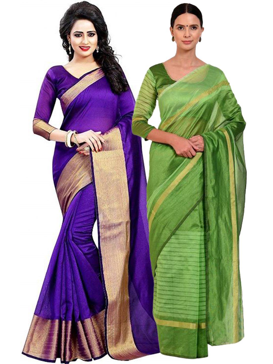 saadhvi purple & green striped zari silk cotton saree