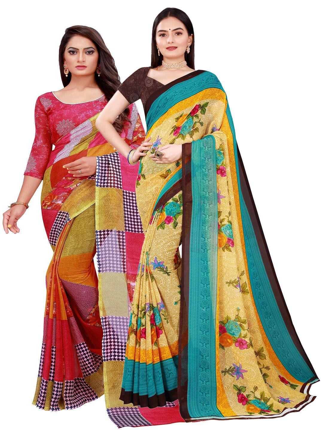 saadhvi red & beige set of 2 floral pure georgette saree