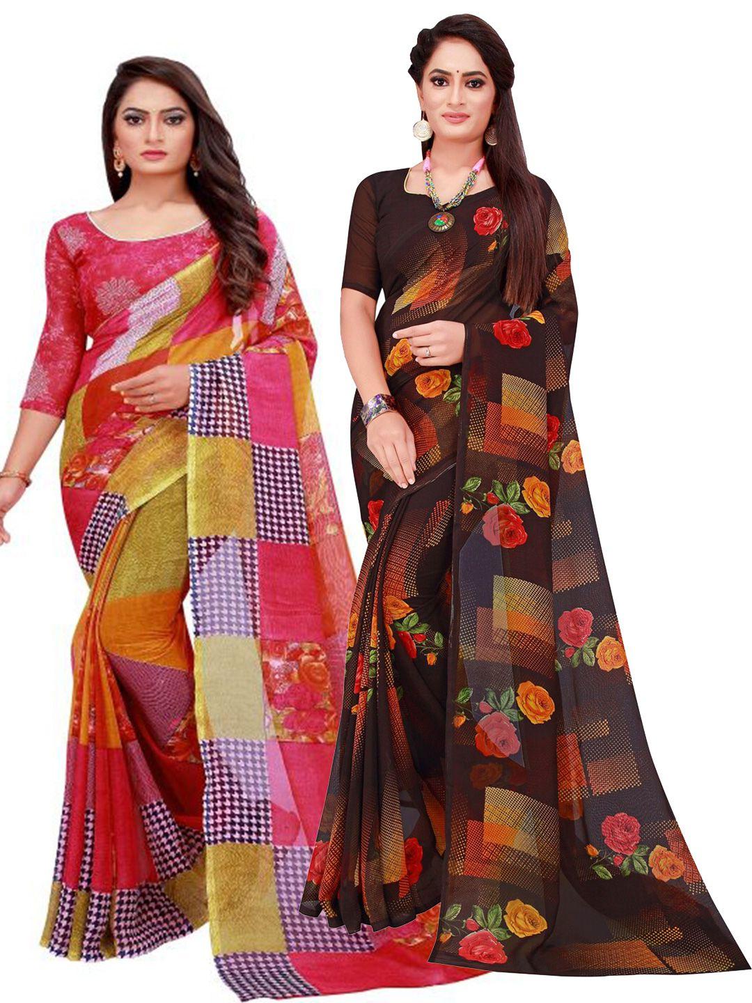 saadhvi red & black floral pack of 2  pure georgette saree