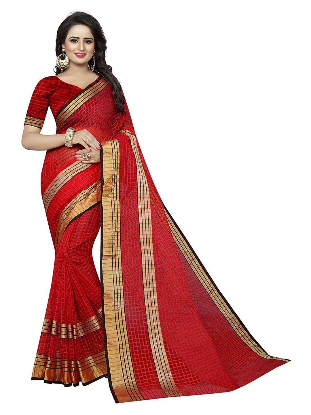 saadhvi red & gold-toned checked zari silk cotton saree