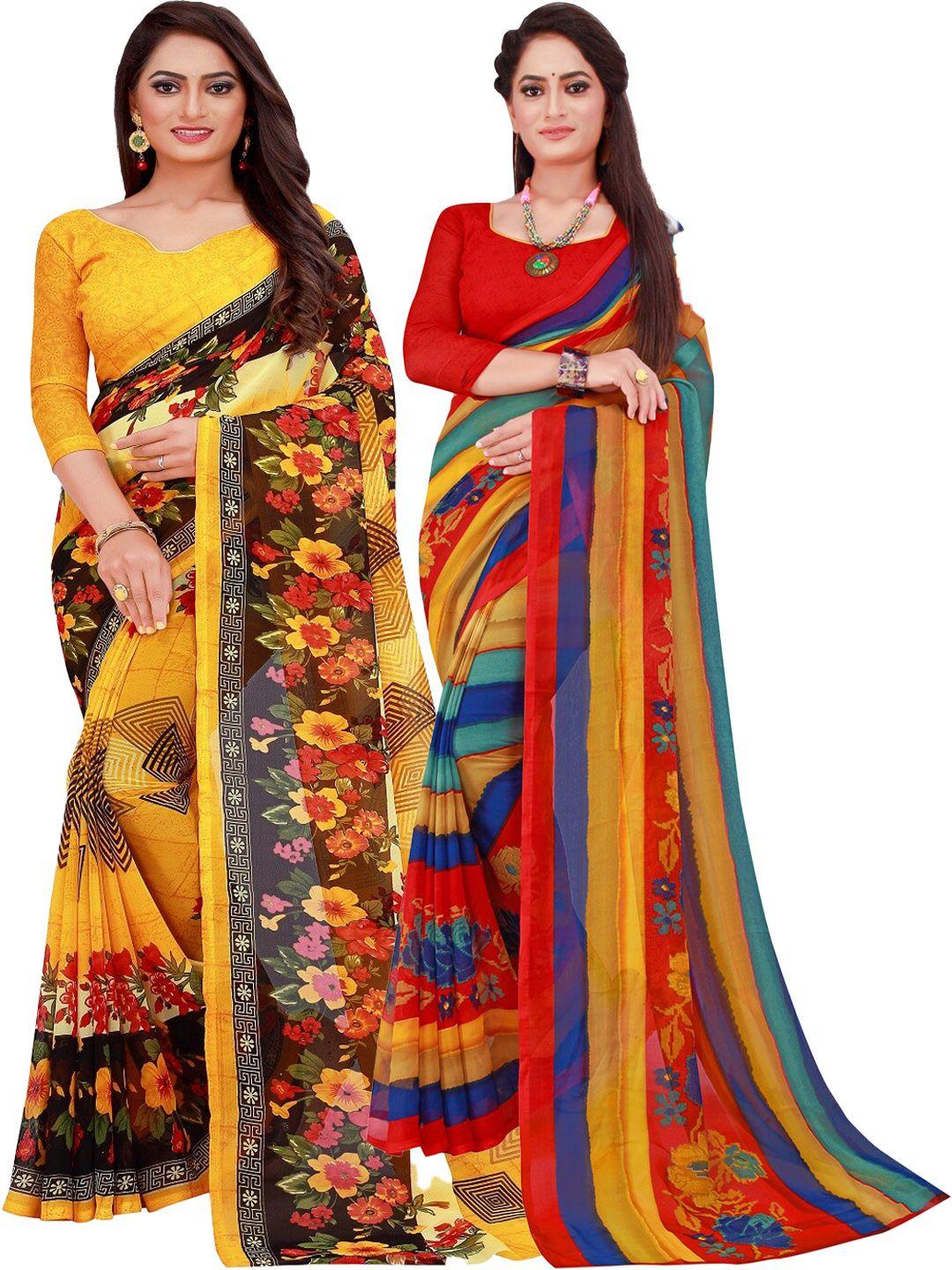 saadhvi red & yellow set of 2 floral pure georgette saree