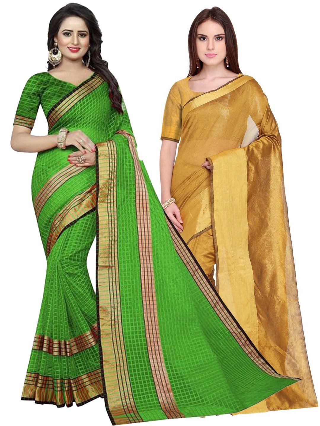 saadhvi set of 2 golden & green zari silk cotton saree