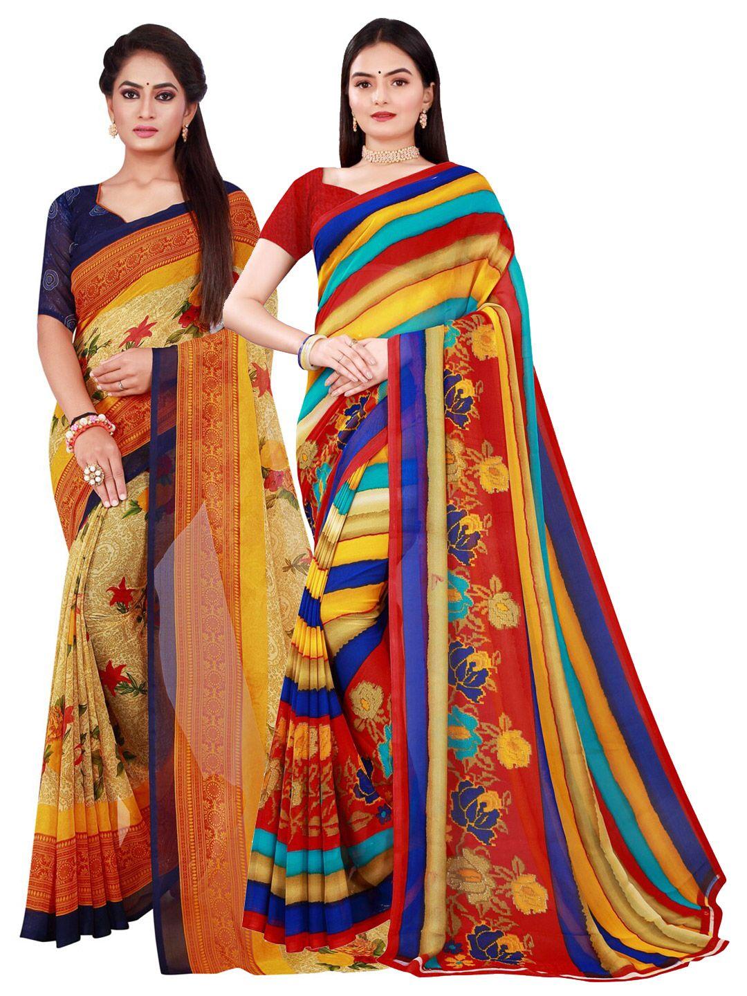 saadhvi set of 2 maroon & yellow floral pure georgette saree