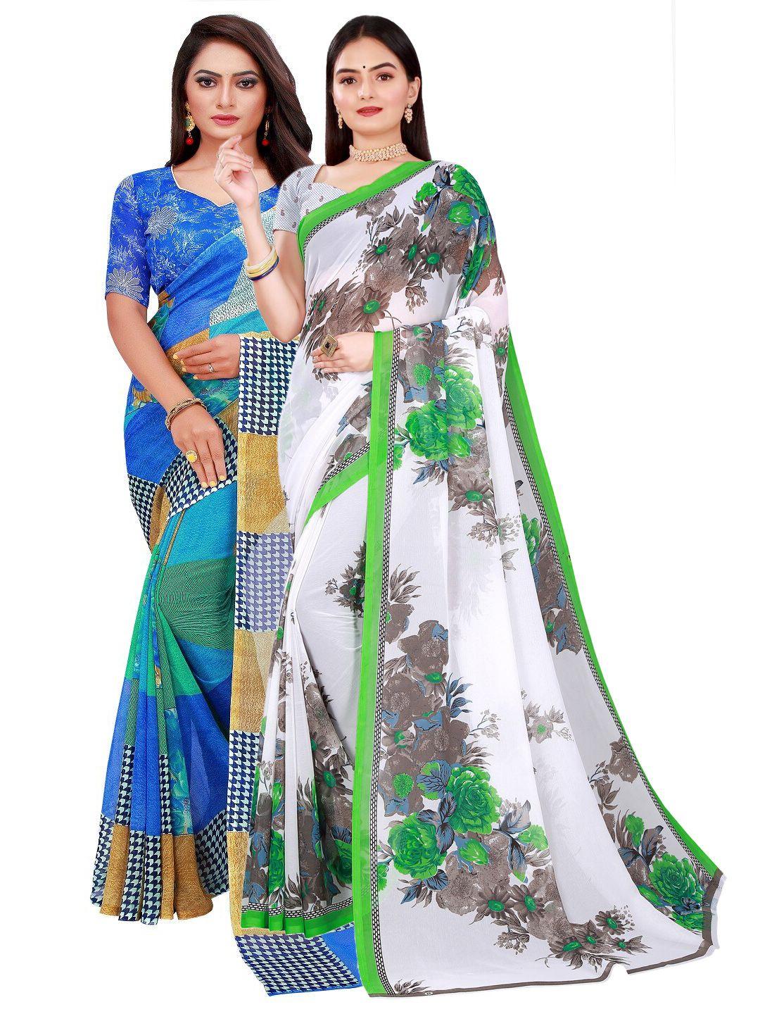 saadhvi white & blue pure georgette saree