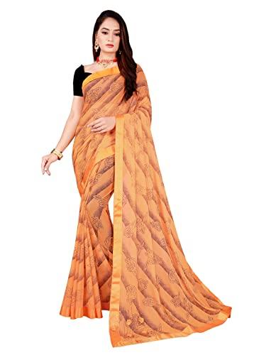 saadhvi women's orange lycra foil printed saree with unstithed blouse(fl-tamtam print14, free size)