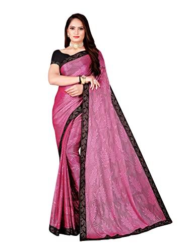 saadhvi women's pink lycra foil printed saree with unstithed blouse(fl-coconut23, free size) | free size