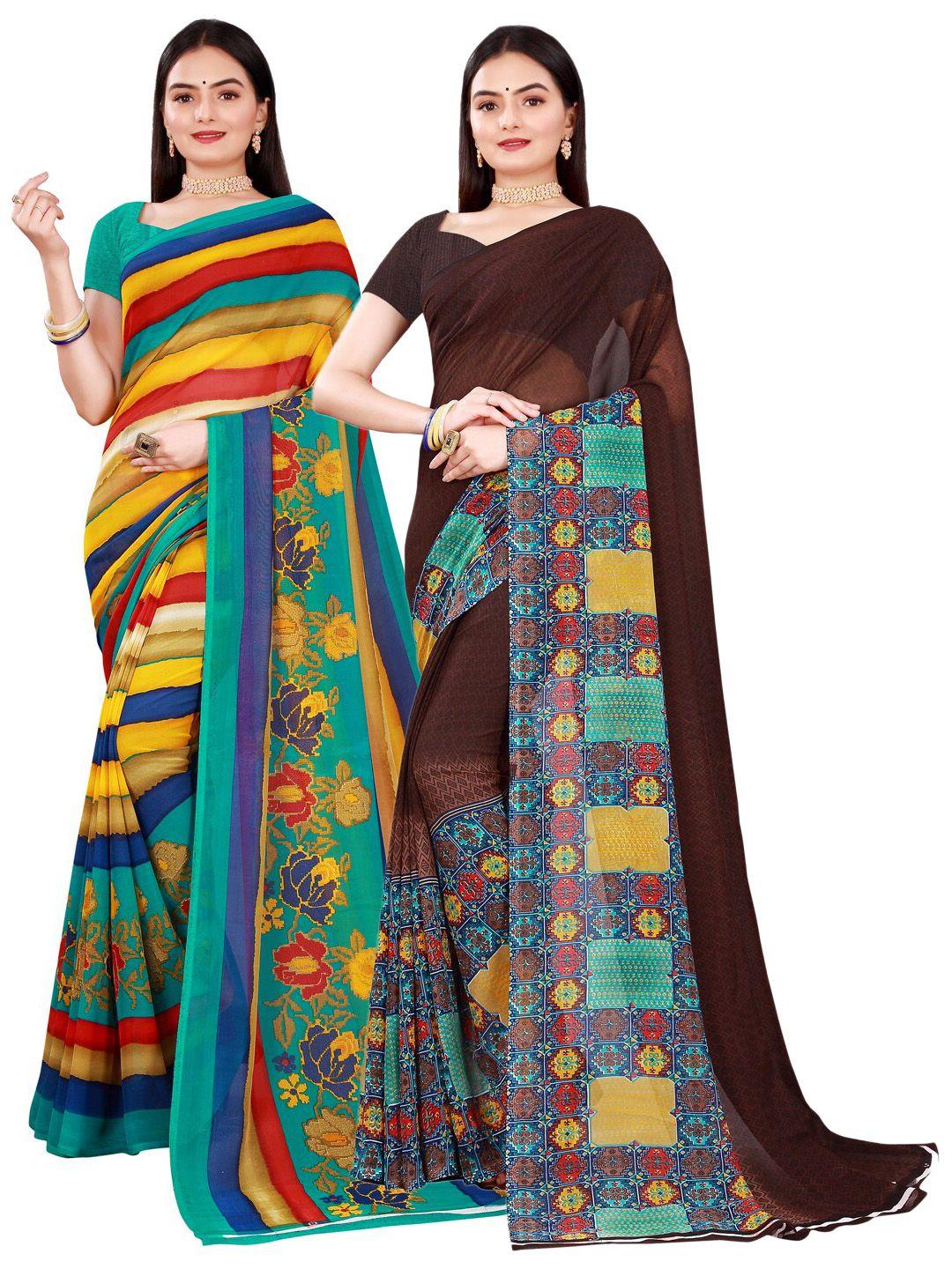 saadhvi women pack of 2 brown & yellow printed pure georgette saree