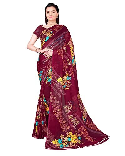 saadhvi womens georgette floral printed saree with unstitched blouse (wine) (fl-georgette61)