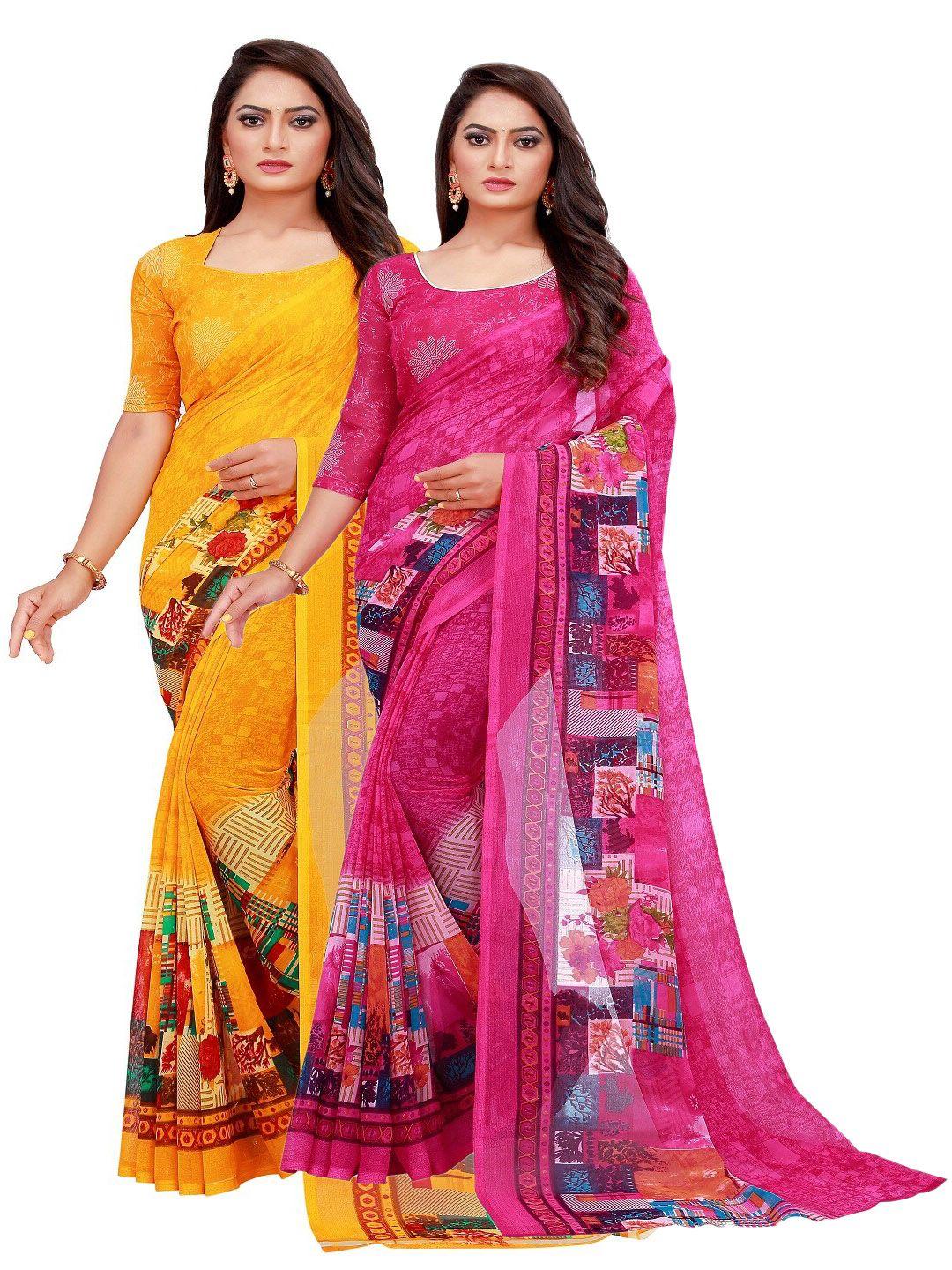 saadhvi yellow & magenta printed pure georgette saree pack of 2