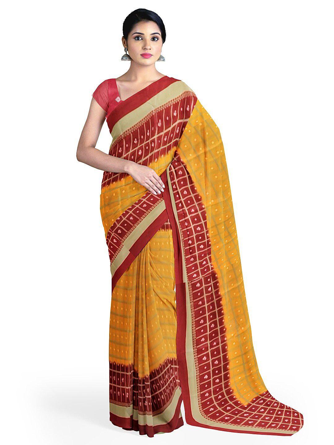 saadhvi yellow & maroon bandhani silk blend bandhani saree