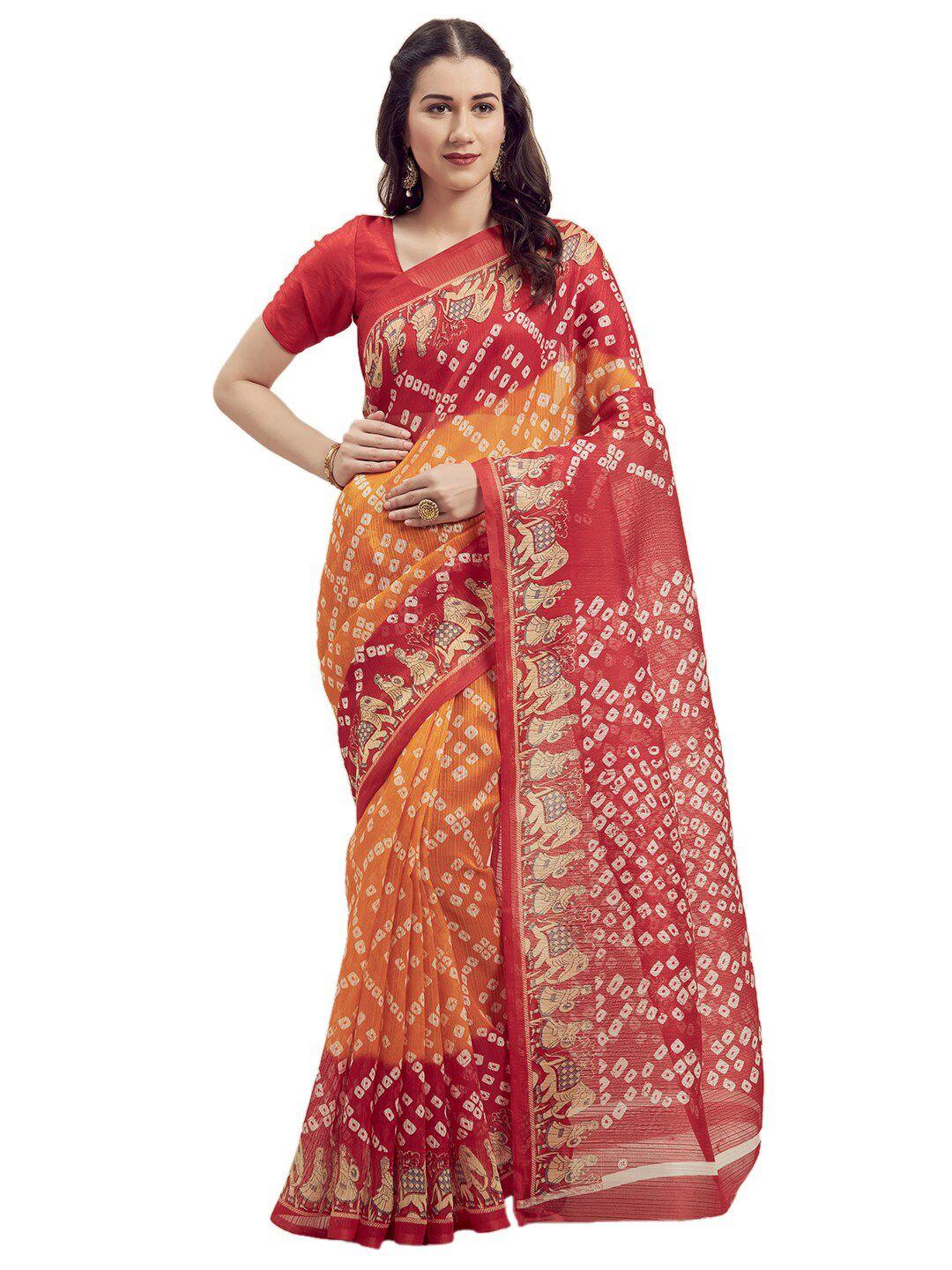 saadhvi yellow & red bandhani printed art silk saree