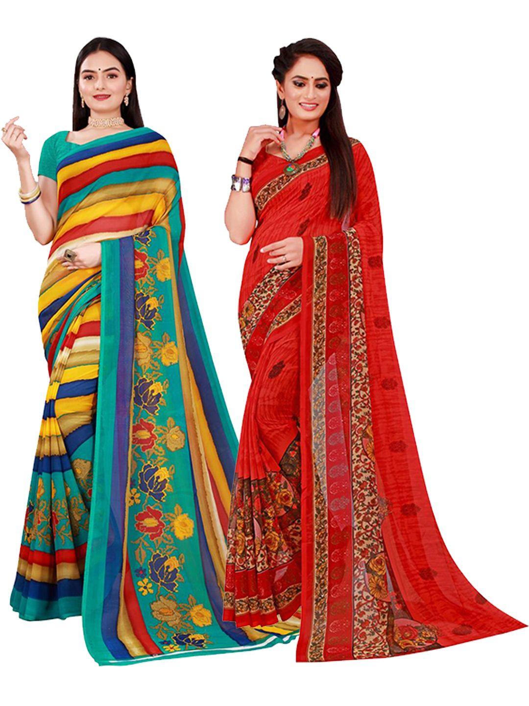 saadhvi yellow & red pack of 2 printed pure georgette saree