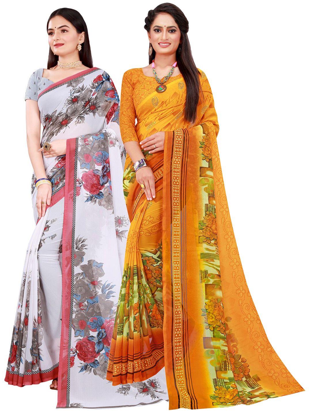 saadhvi yellow & white set of 2 floral pure georgette saree