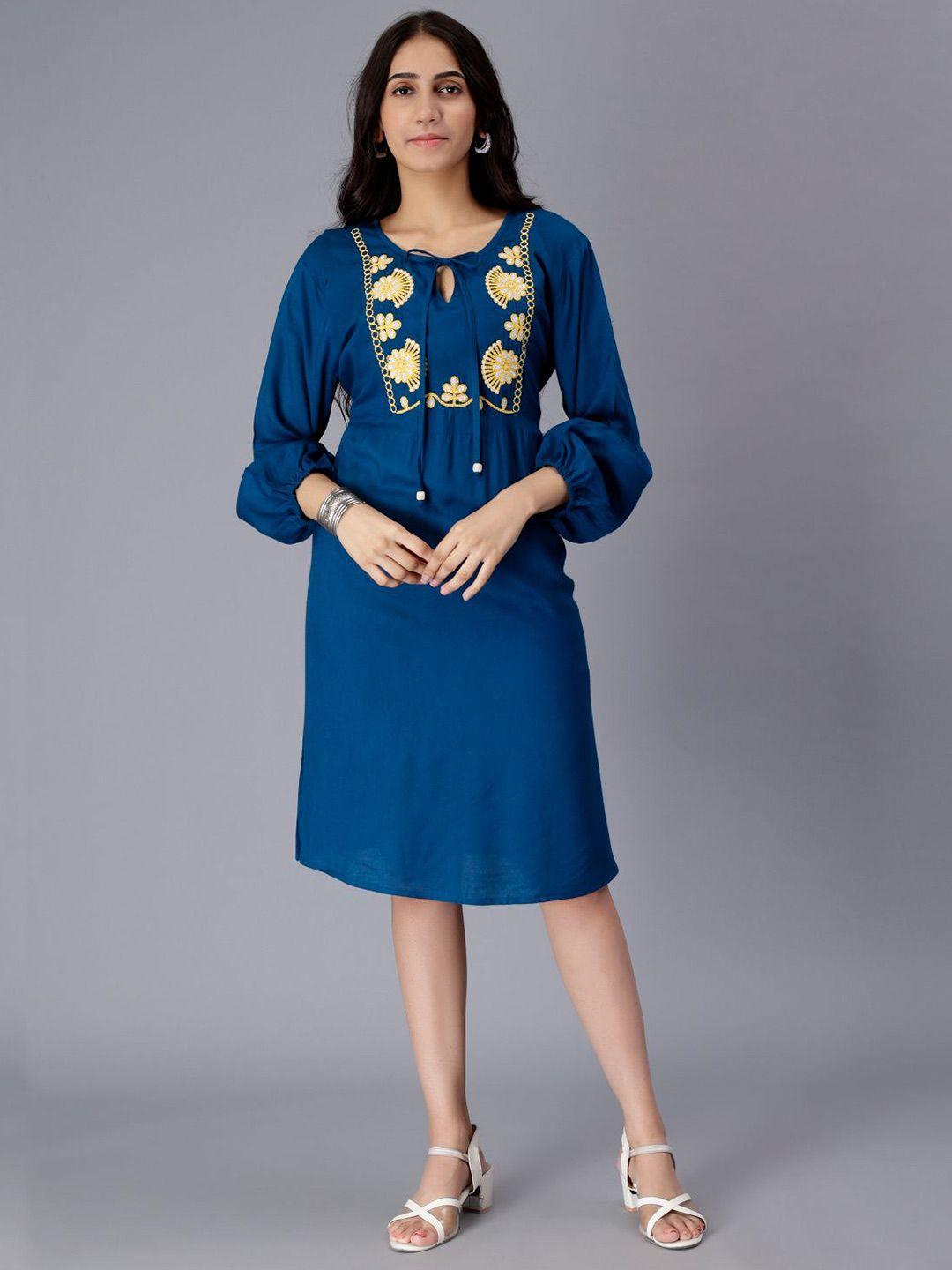 saakaa floral embroidered keyhole neck a-line dress