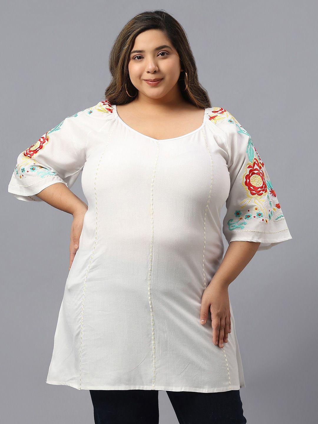 saakaa plus size floral embroidered v-neck longline cotton top