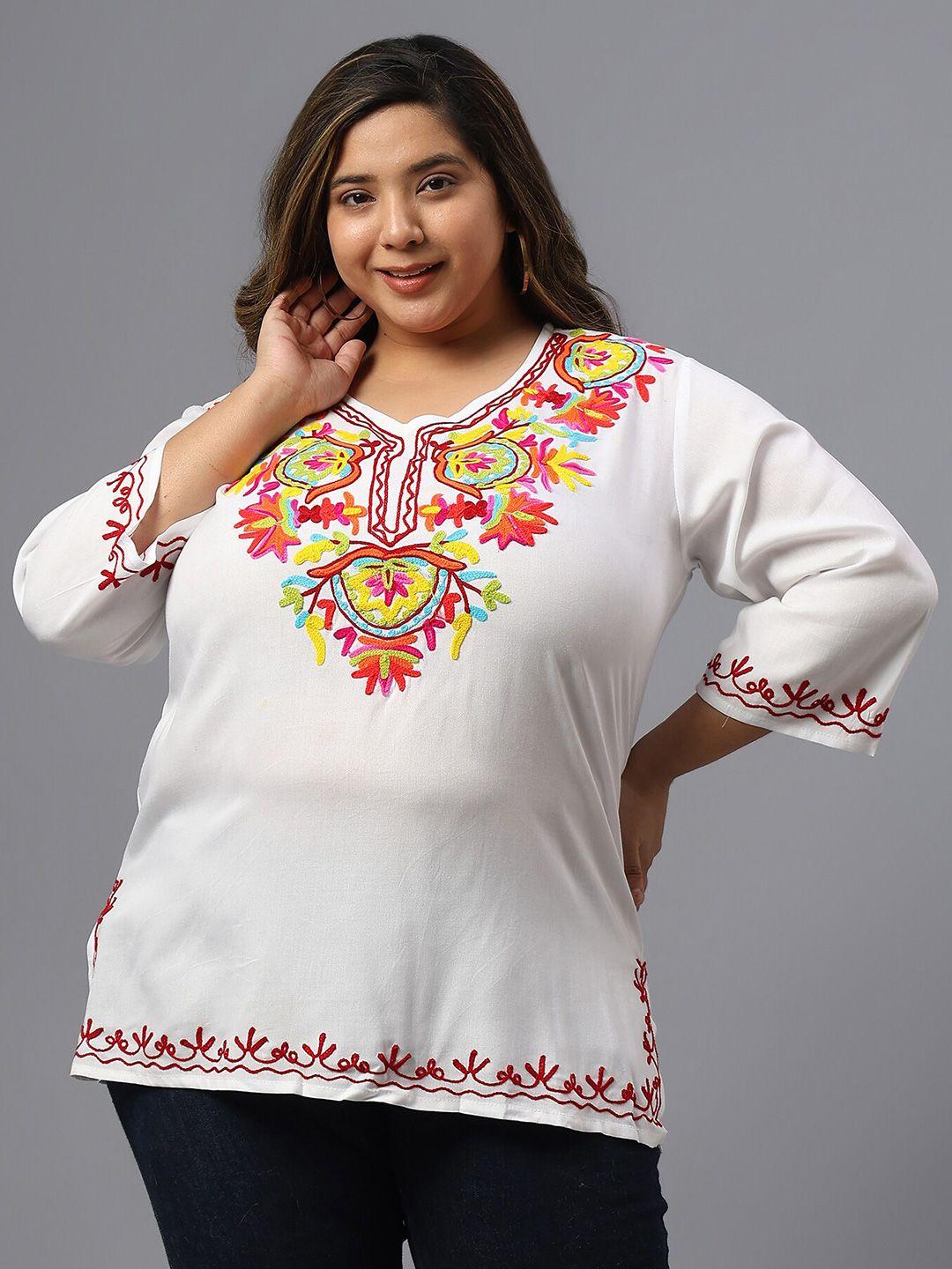 saakaa plus size floral embroidered v-neck top