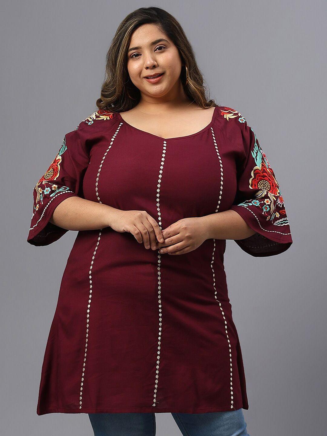 saakaa plus size floral embroidery cotton regular top
