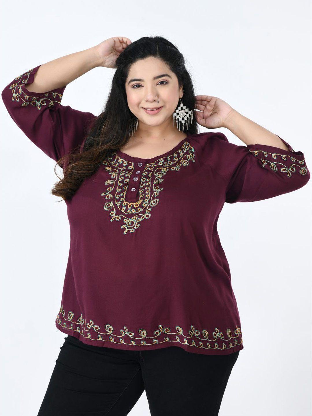 saakaa plus size ethnic motifs embroidered top