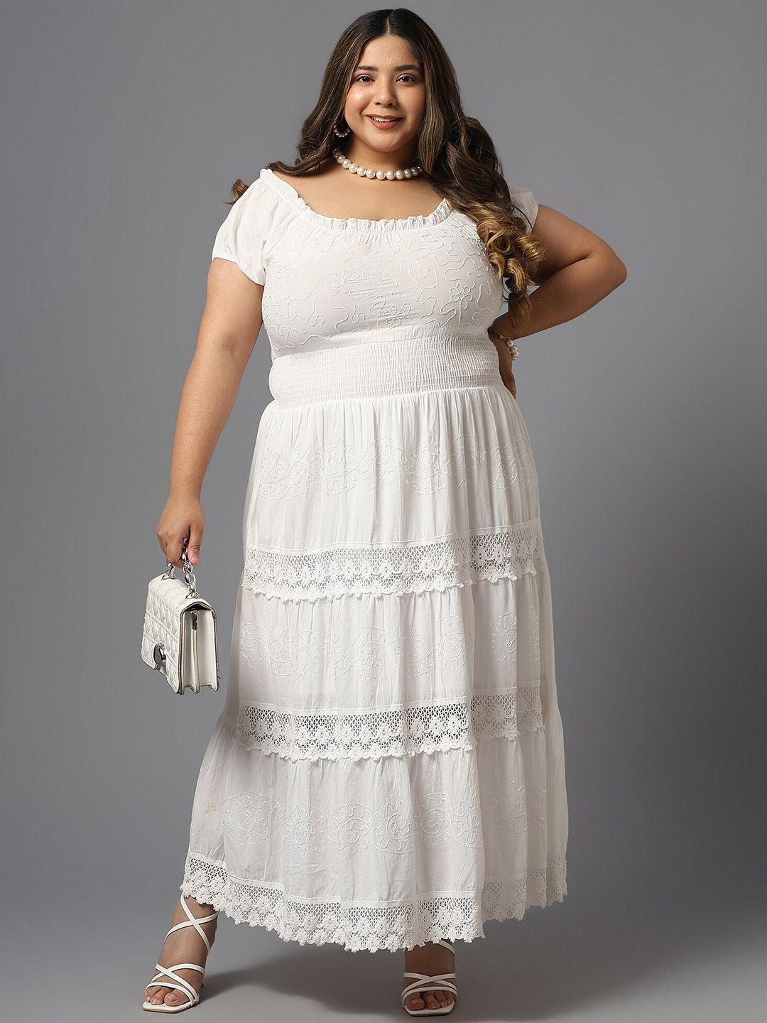 saakaa plus size floral embroidered square neck smocked tiered cotton maxi dress