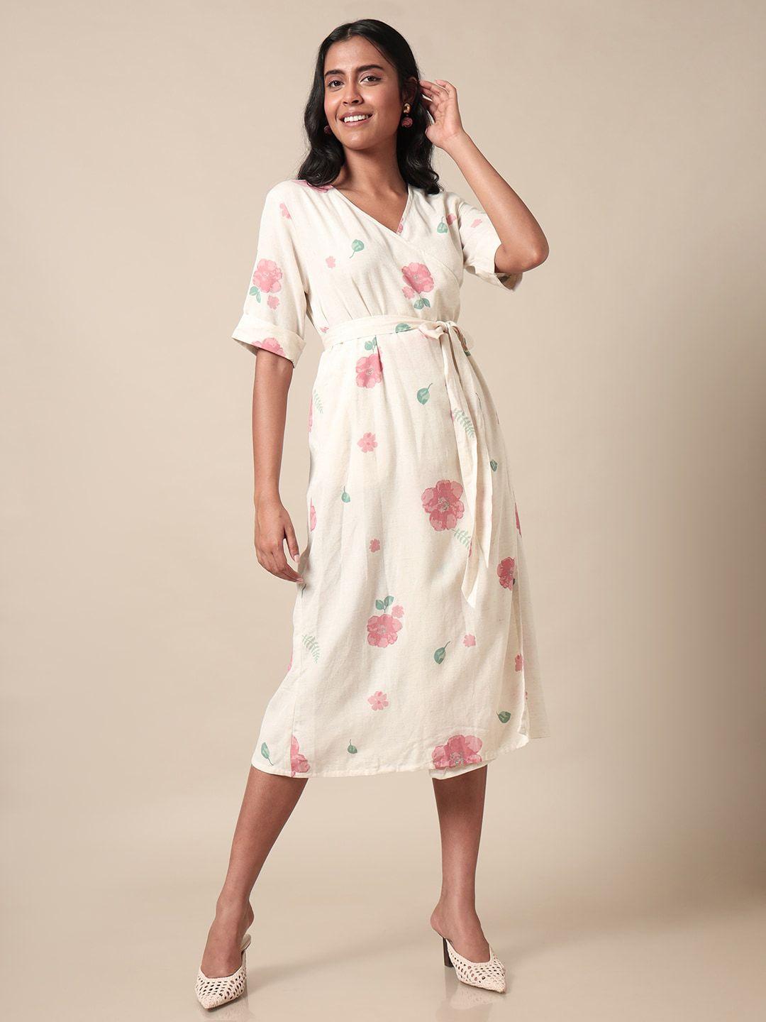 saaki floral printed v-neck roll-up sleeves belted cotton a-line midi dress
