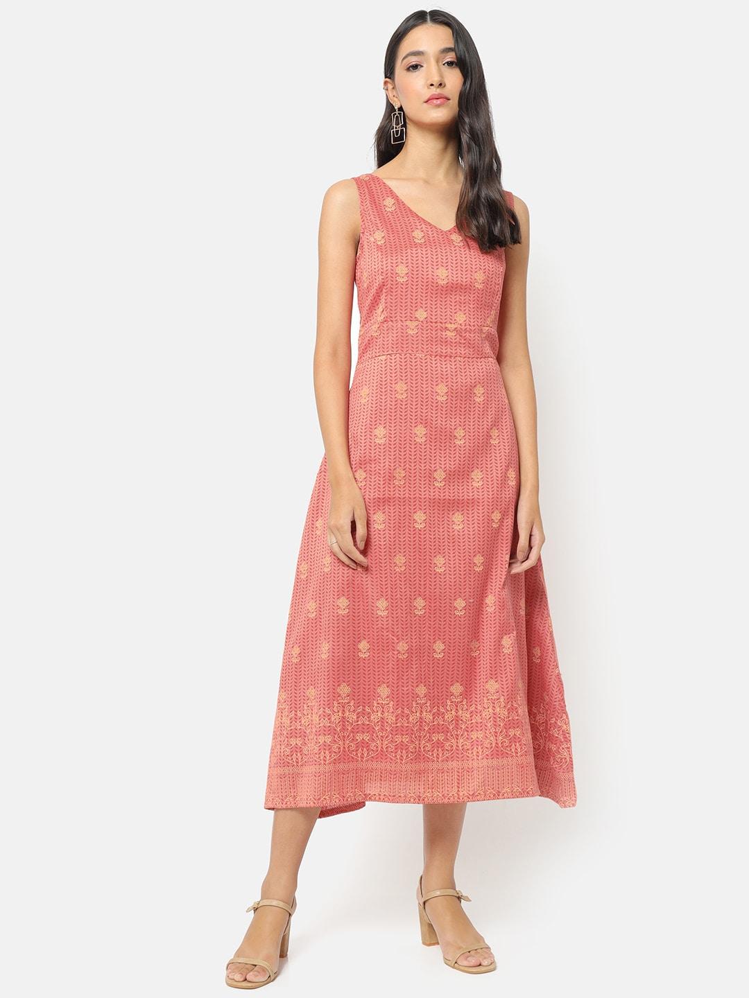 saaki rose & biege ethnic motifs printed silk a-line midi dress
