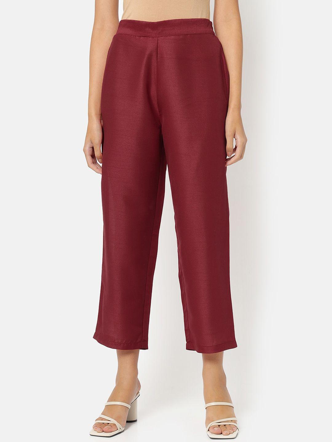 saaki women maroon tapered fit cropped silk trousers