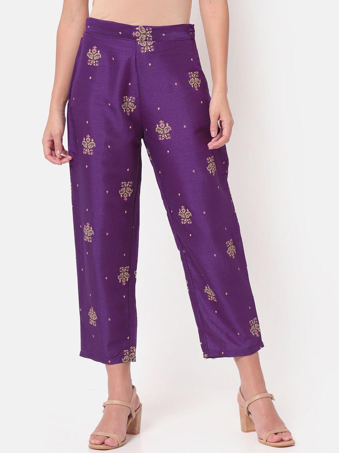 saaki women purple floral printed trousers