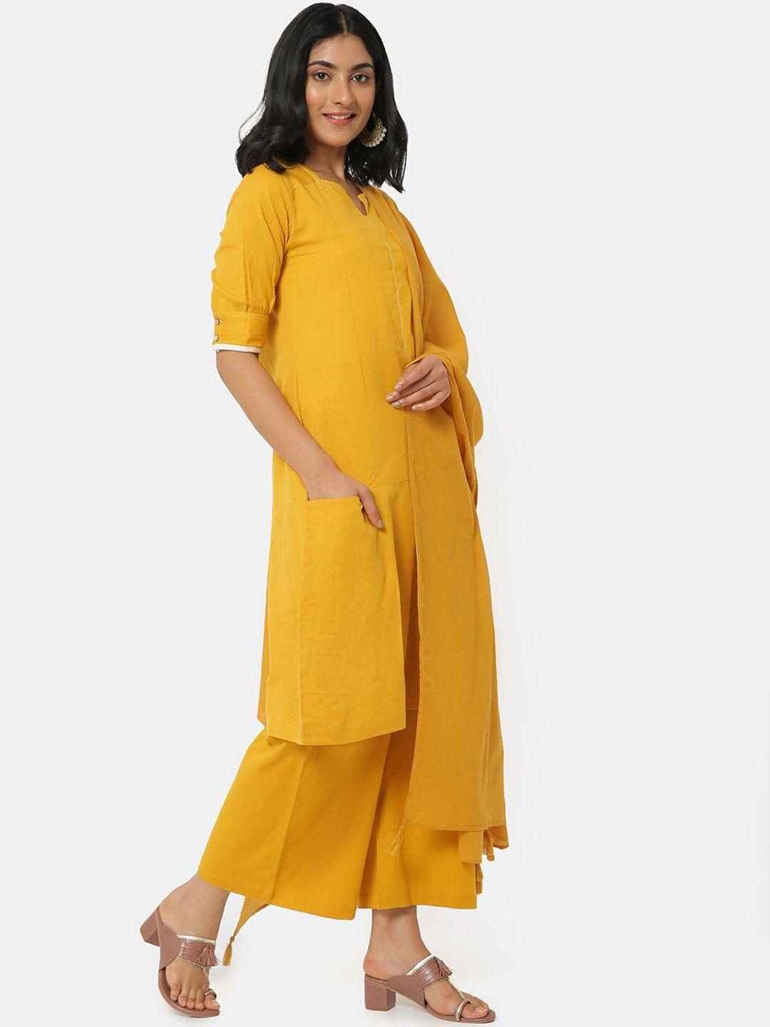 saaki women yellow panelled pure cotton kurta & trousers with dupatta