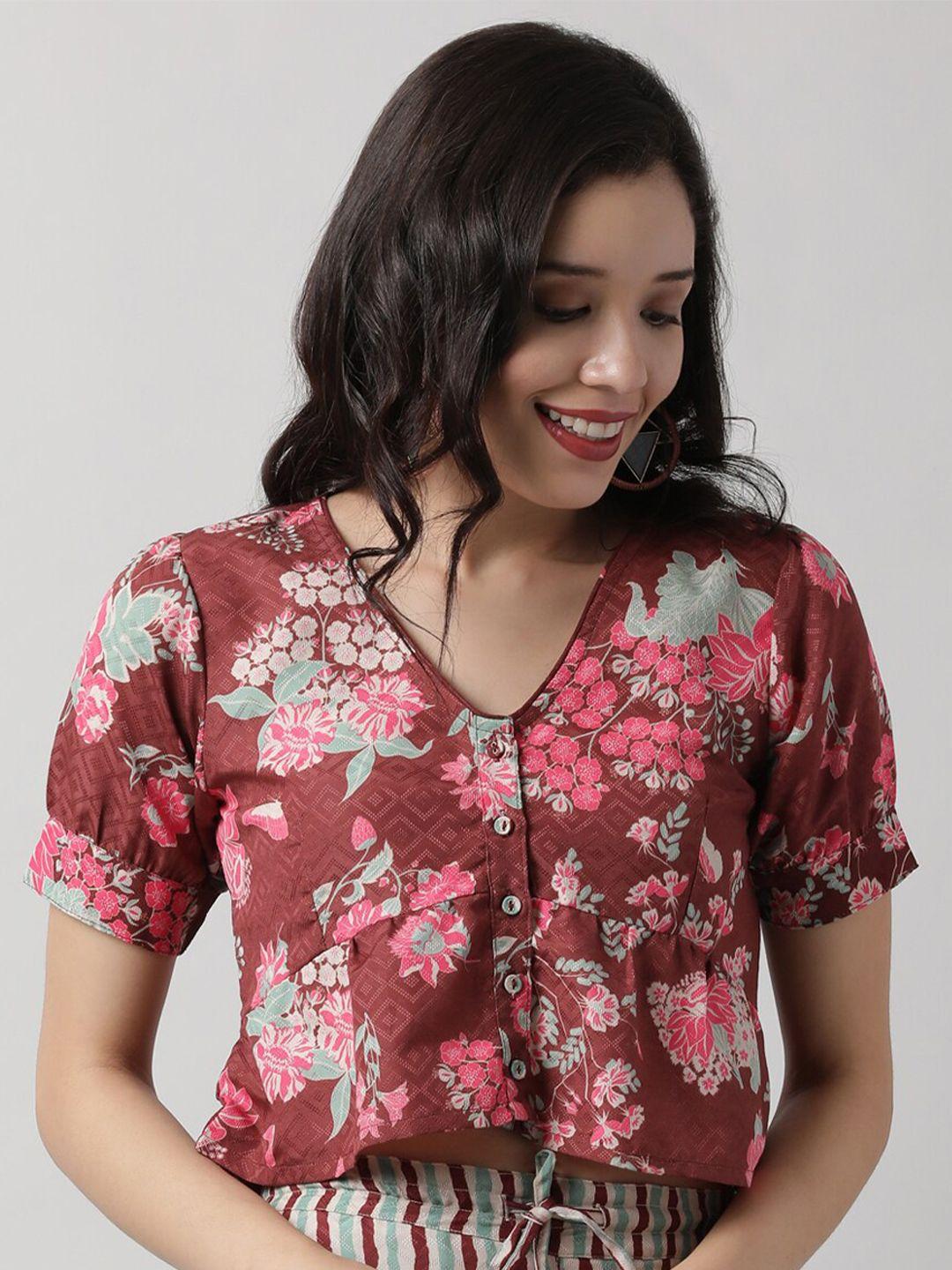 saaki brown floral print shirt style top